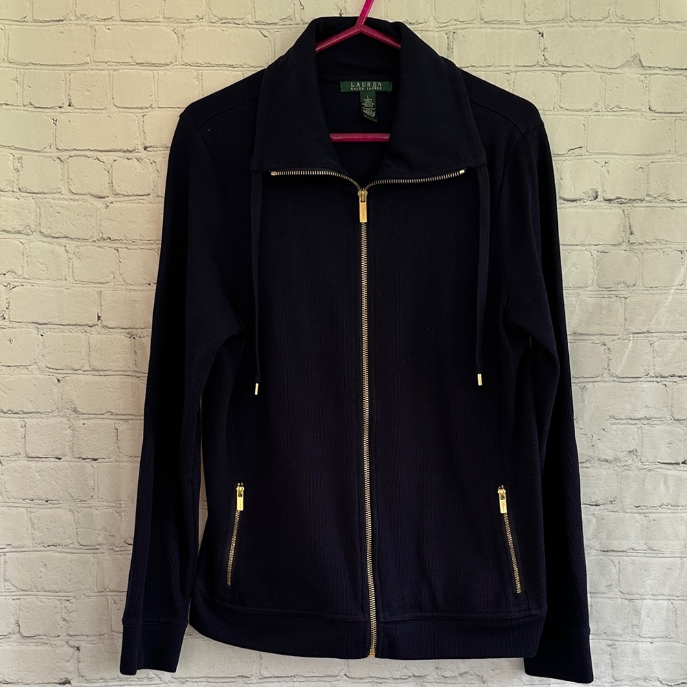 Lauren Ralph Lauren All Cotton Navy Zip-Up Jacket with Gold Hardware